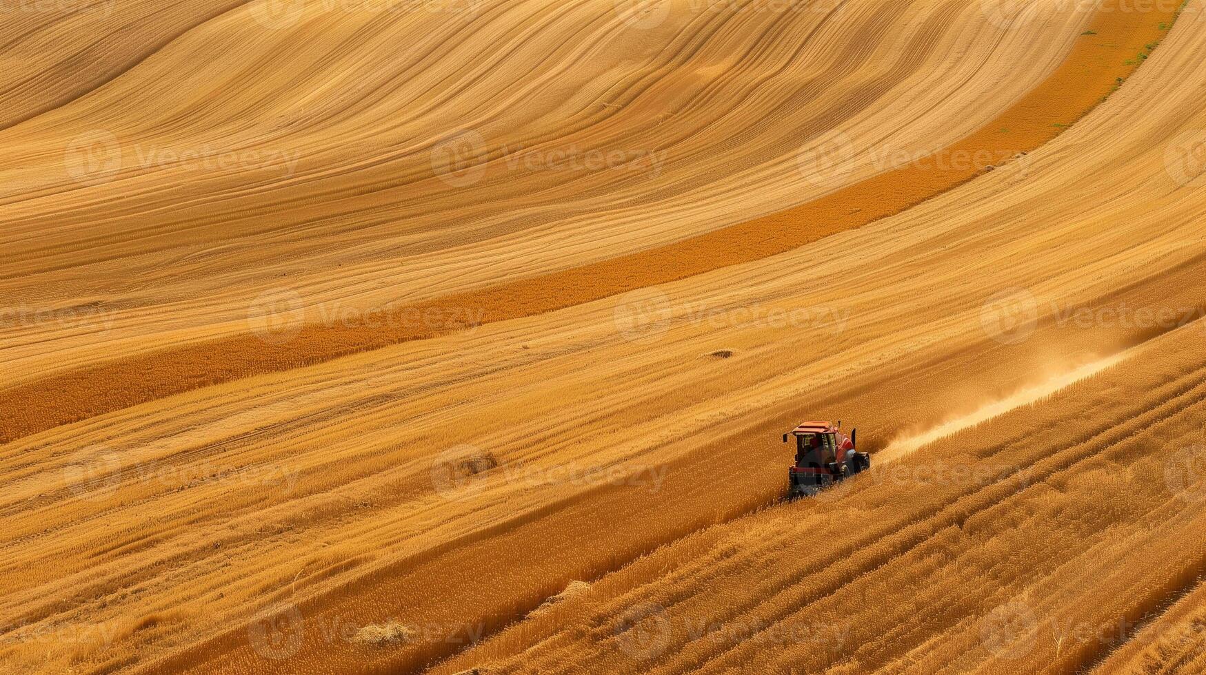 A combine harvester working in a field against a background of wheat and a beautiful landscape photo