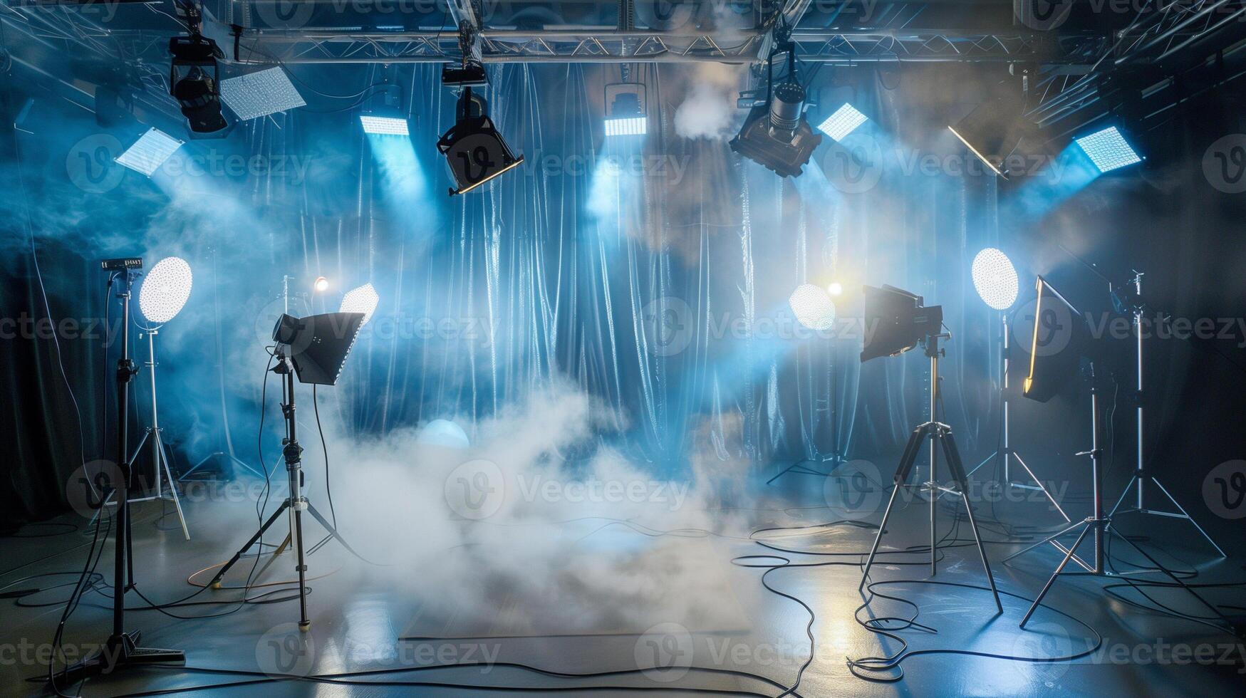 A photo studio with spotlights and shooting equipment, with beautiful fog and light