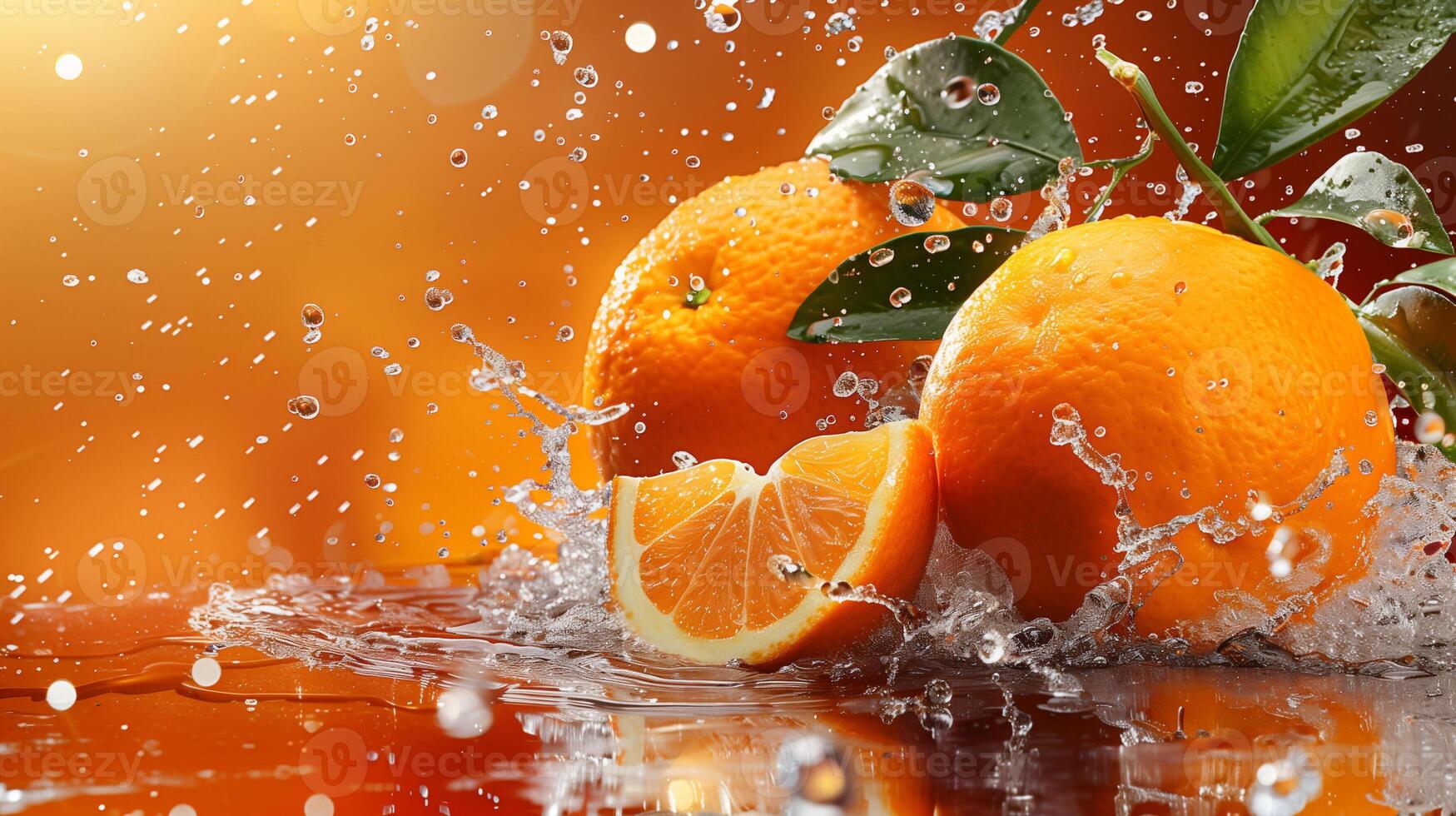 Orange with leaves and splashes of water on a monochrome background photo