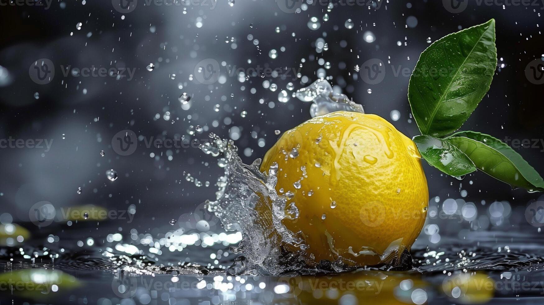 Lemon with leaves and splashes of water on a monochrome background photo