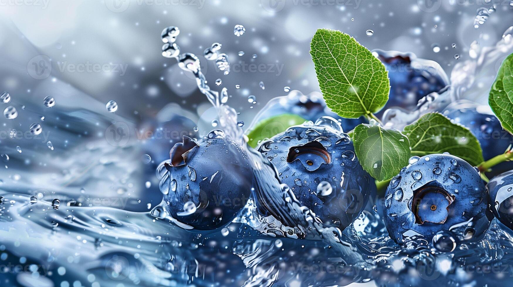 Blueberries with leaves and splashes of water on a monochrome background photo