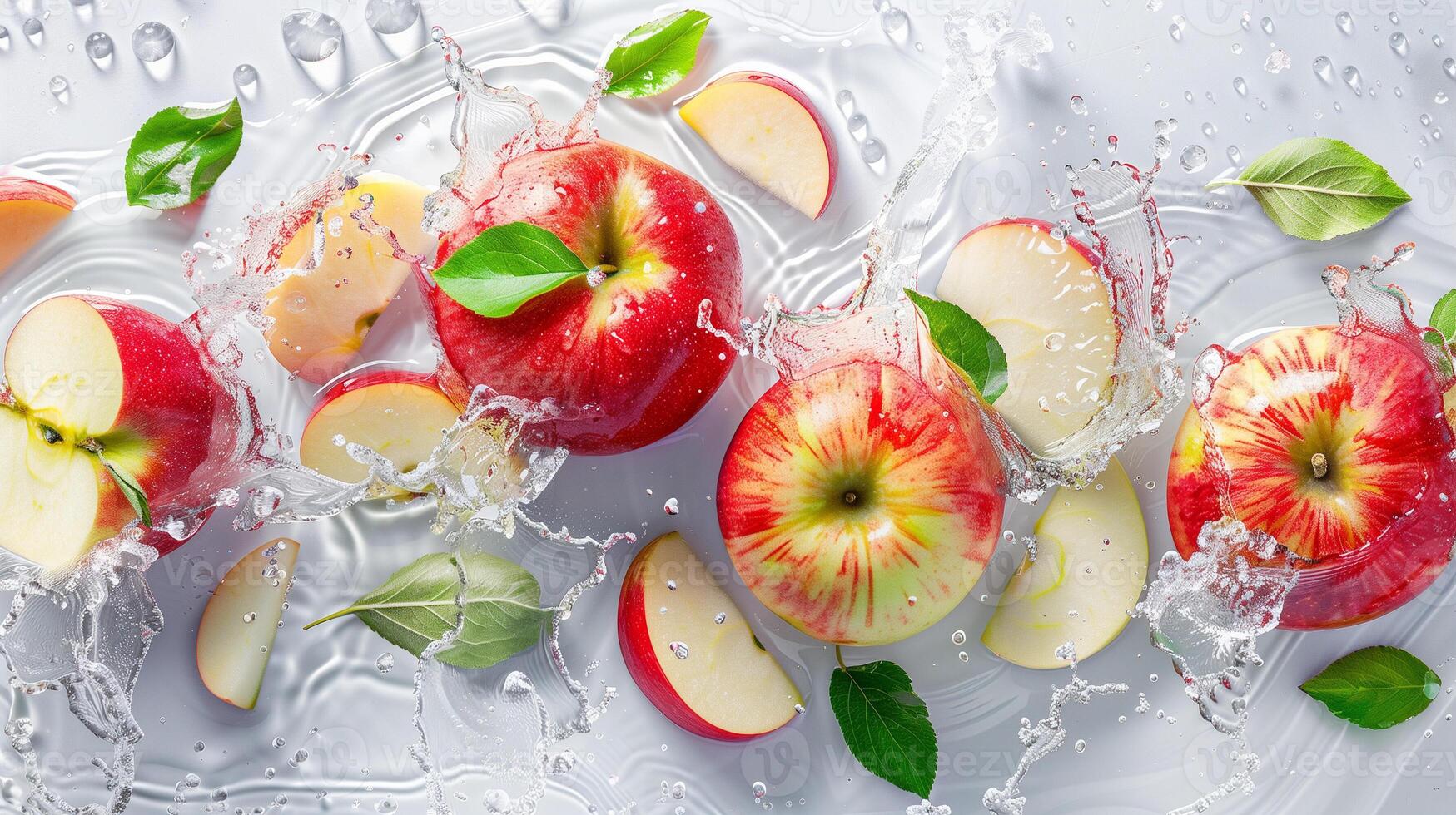 Apples with leaves and splashes of water on a monochrome background photo