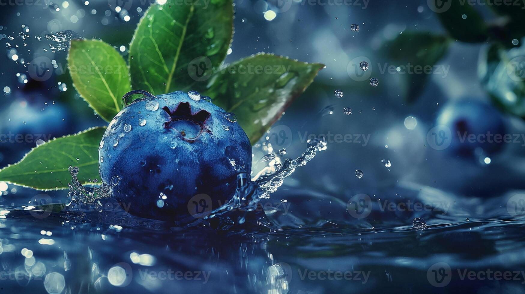 Blueberries with leaves and splashes of water on a monochrome background photo