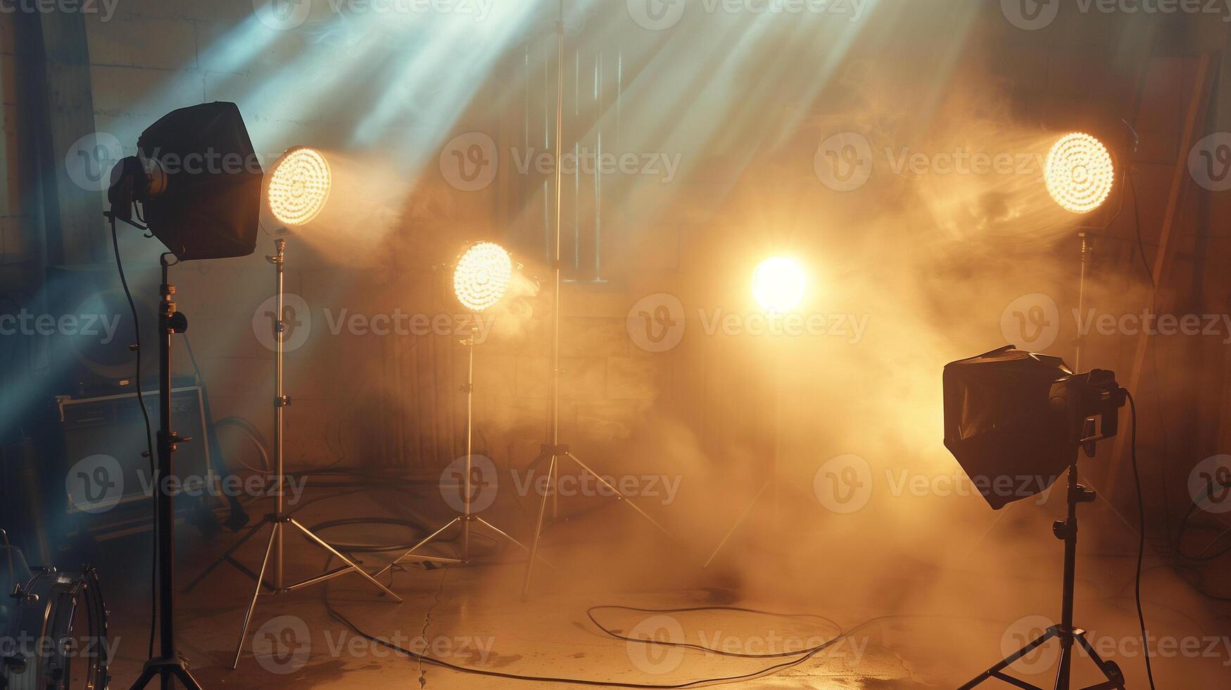 A photo studio with spotlights and shooting equipment, with beautiful fog and light