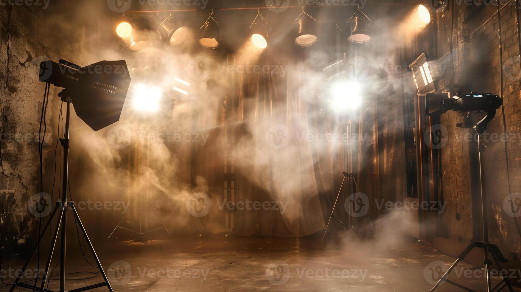 A photo studio with spotlights and shooting equipment, with beautiful fog and light