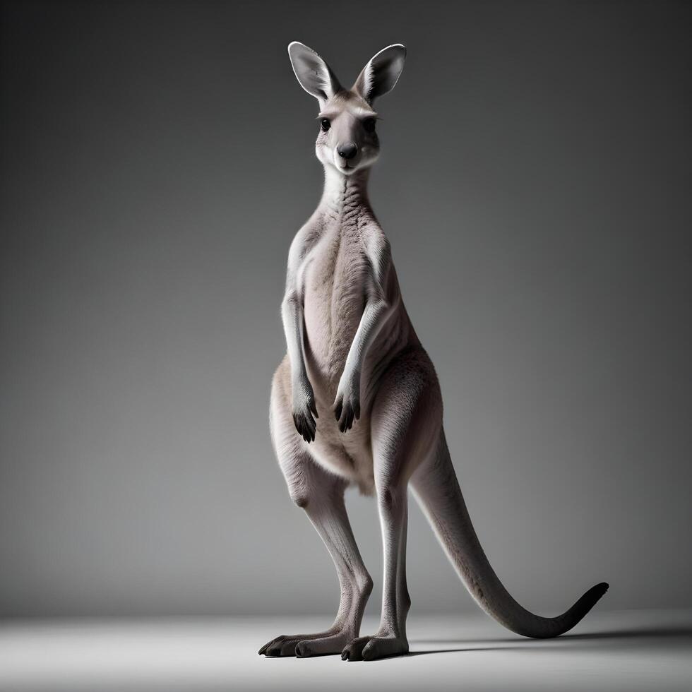 a kangaroo standing on its hind legs in front of a gray background photo