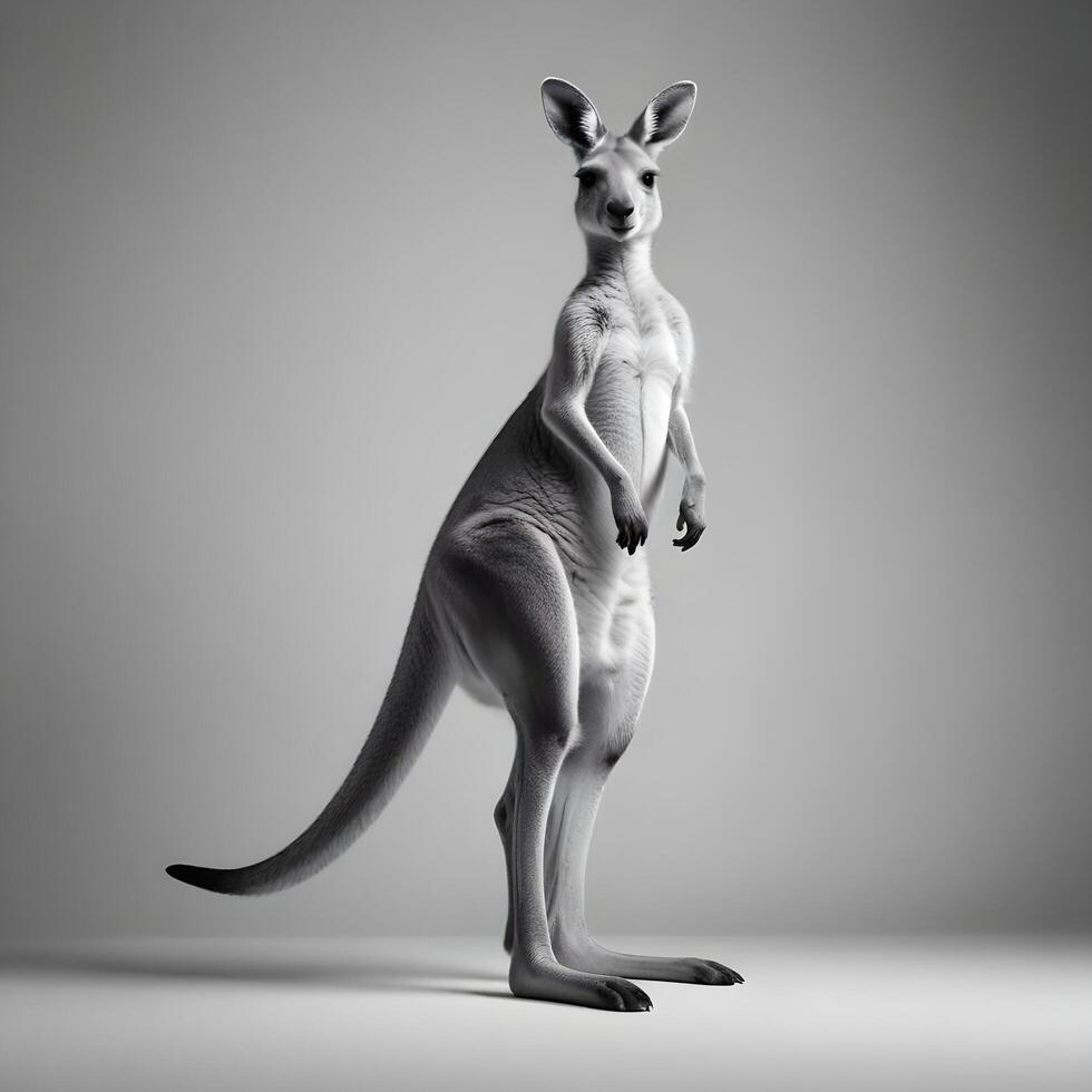 a kangaroo standing on its hind legs in front of a gray background photo