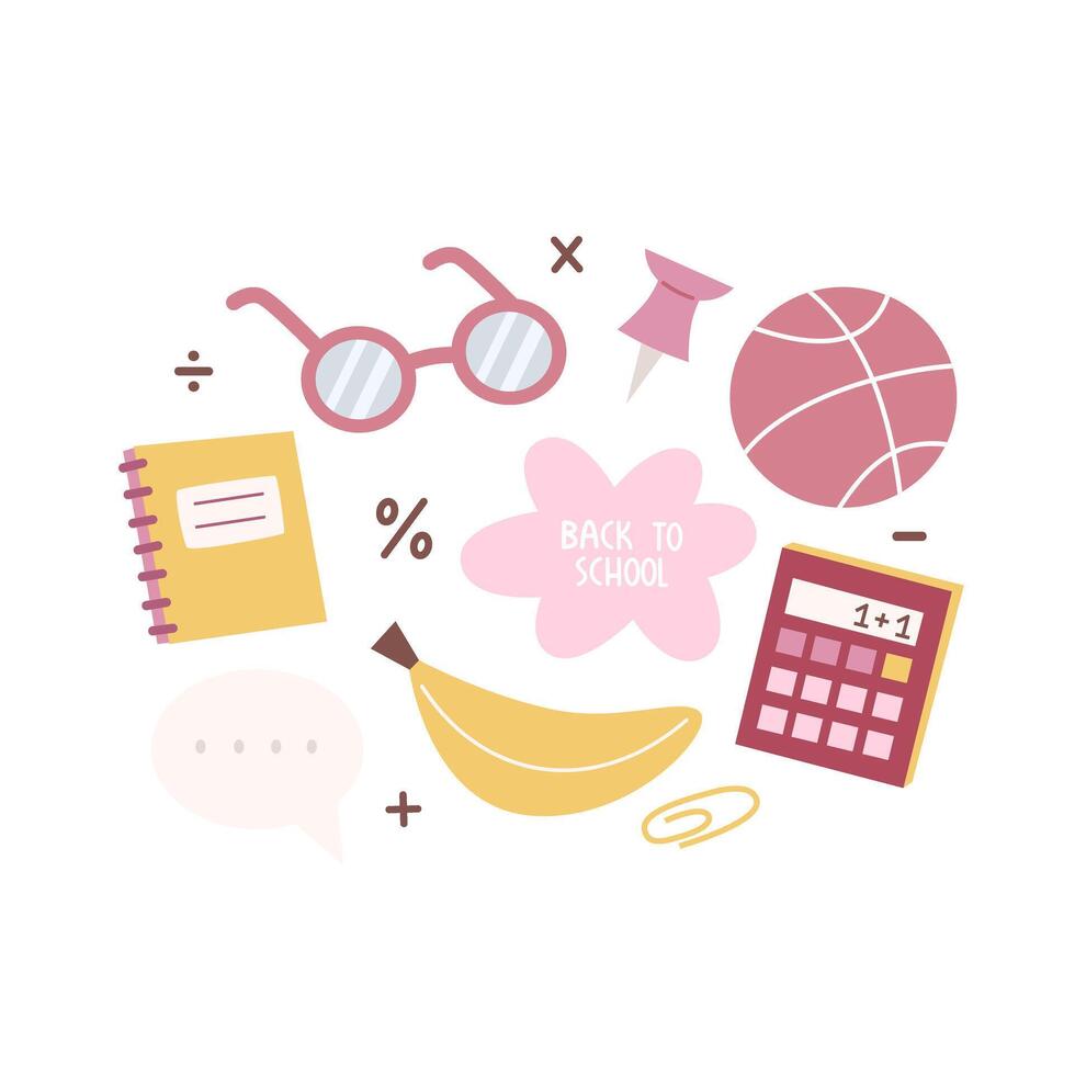 Back to school. Cartoon set for children with thematic elements, hand drawing lettering. vector