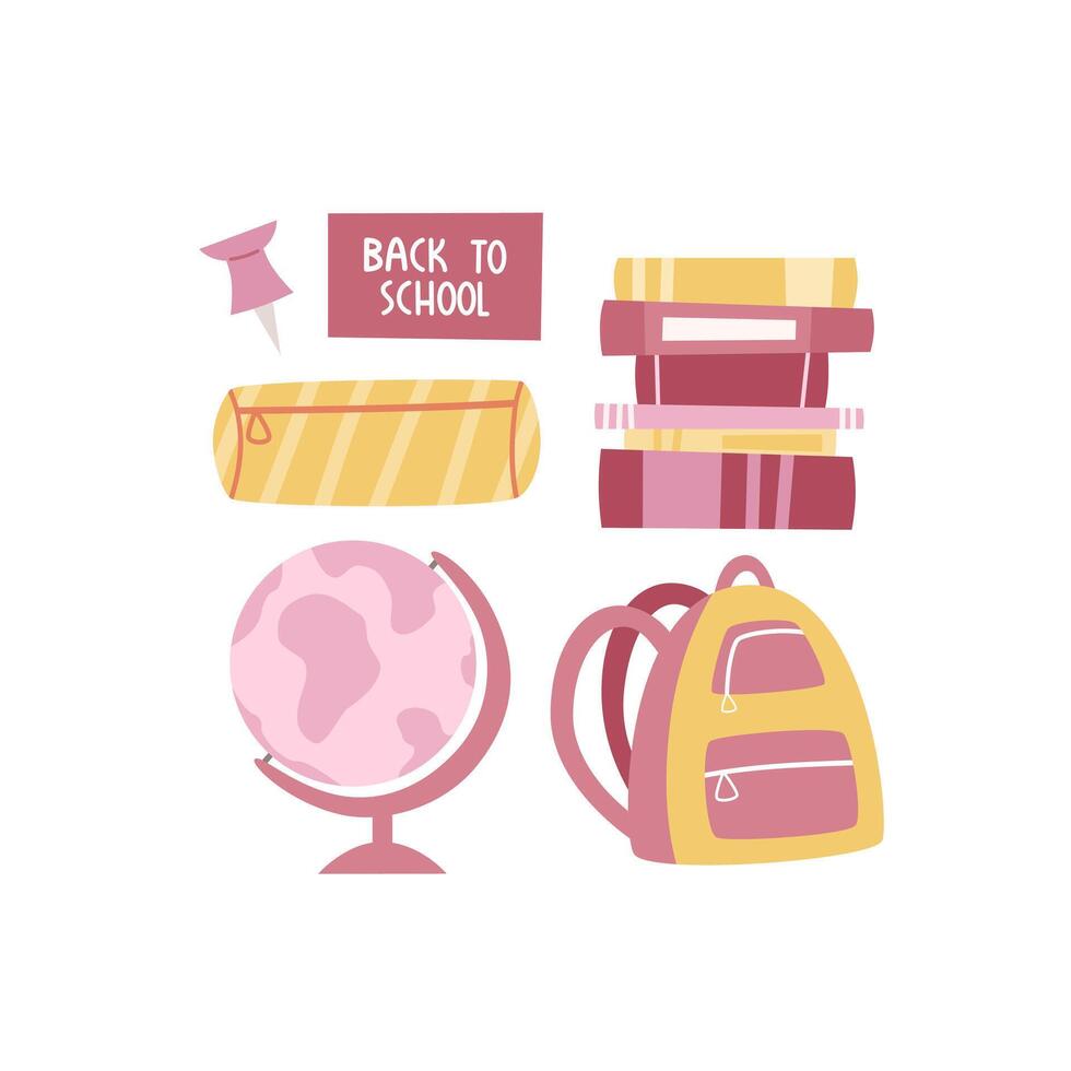 Back to school. Cartoon set for children with thematic elements, hand drawing lettering. vector