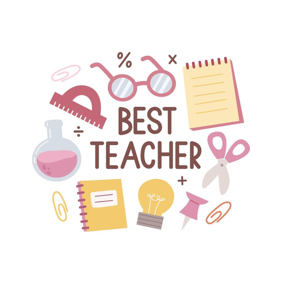 Best teacher. Cartoon set for children with thematic elements, hand drawing lettering. vector