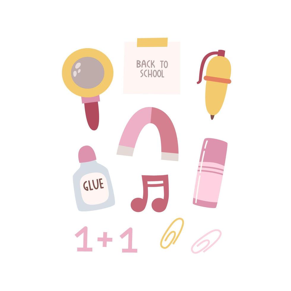 Buck to school. Cartoon set for children with thematic elements, hand drawing lettering. vector