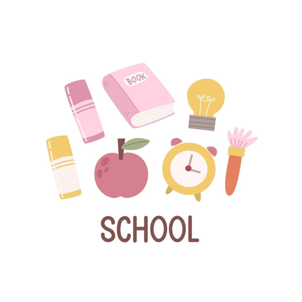 school. Cartoon set for children with thematic elements, hand drawing lettering. vector
