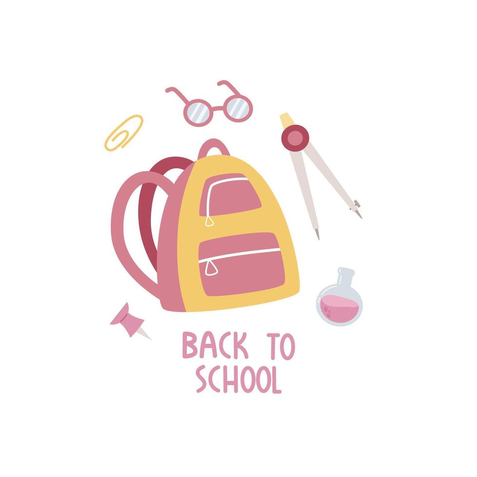 Back to school. Cartoon set for children with thematic elements, hand drawing lettering. vector