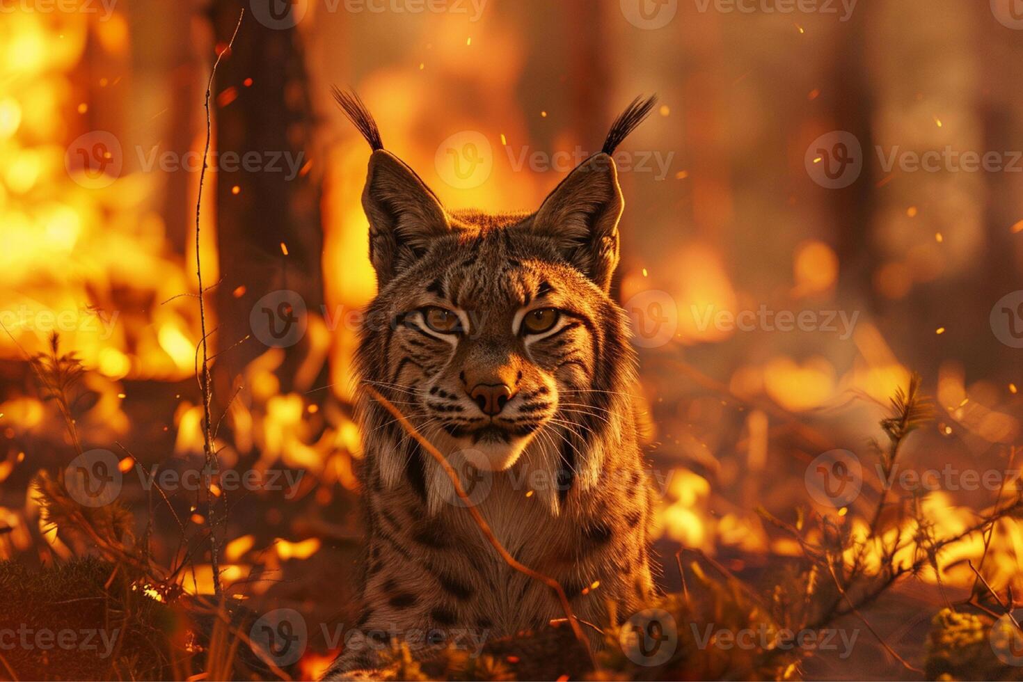 Lynx bobcat on a background of burning forest photo
