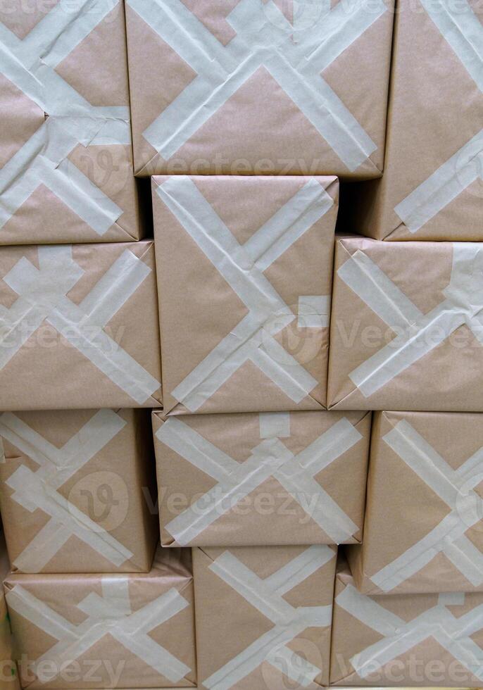 Paper parcels boxes with shipping goods in warehouse photo
