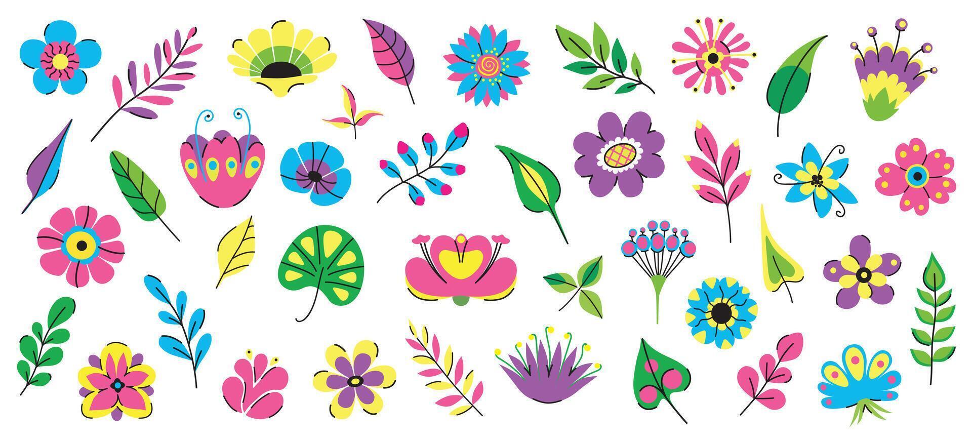 Vibrant collection of botanical doodles in flat, funky style. Set of 40 objects flowers and leaves for design vector