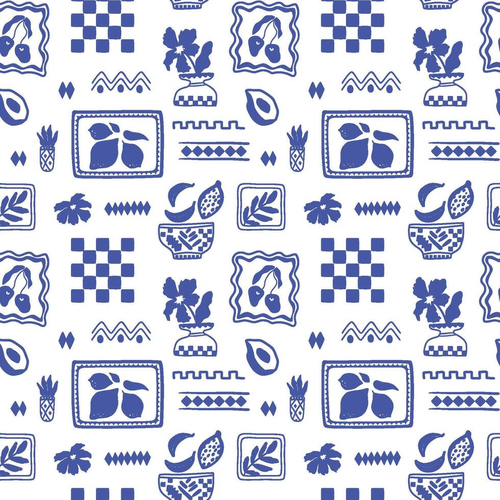 Blue tile summer seamless pattern. Abstract checkered elements, framed fruits. mosaic background. Geometric square shapes with lemons, cherry, vase. Mediterranean wallpaper, print, textile vector