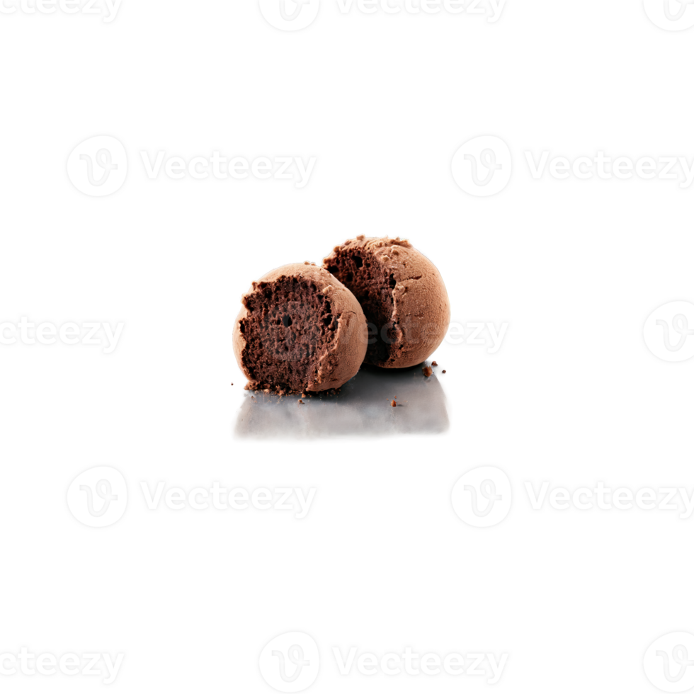 Espresso chocolate truffles dusted with cocoa powder split in half to reveal a rich creamy png
