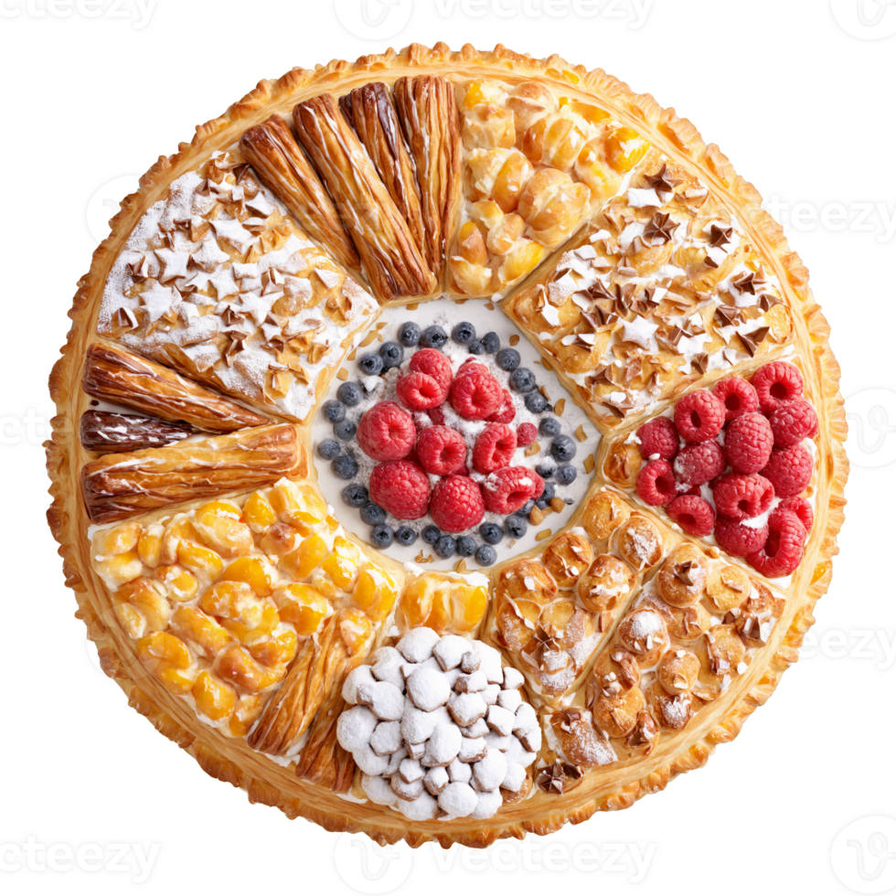 Breakfast pastry mandala a circular pattern of assorted breakfast pastries with fillings and toppings png