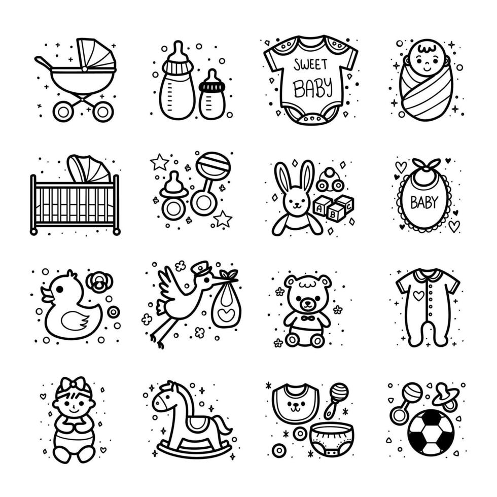 Collection of baby themed icons, whimsical doodle style, various baby essentials and playful toys items, illustration. vector