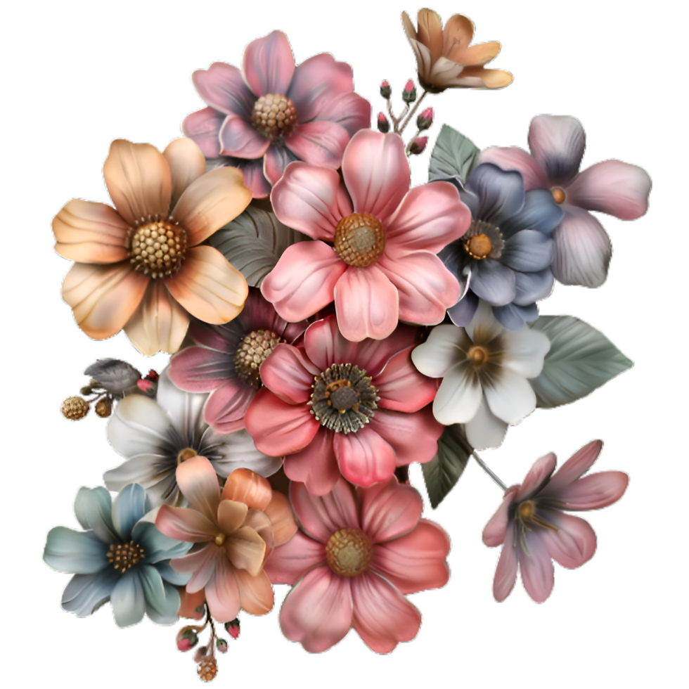Romantic beautiful vintage flowers and leaves of roses in gentle retro style watercolor painting, transparent background png
