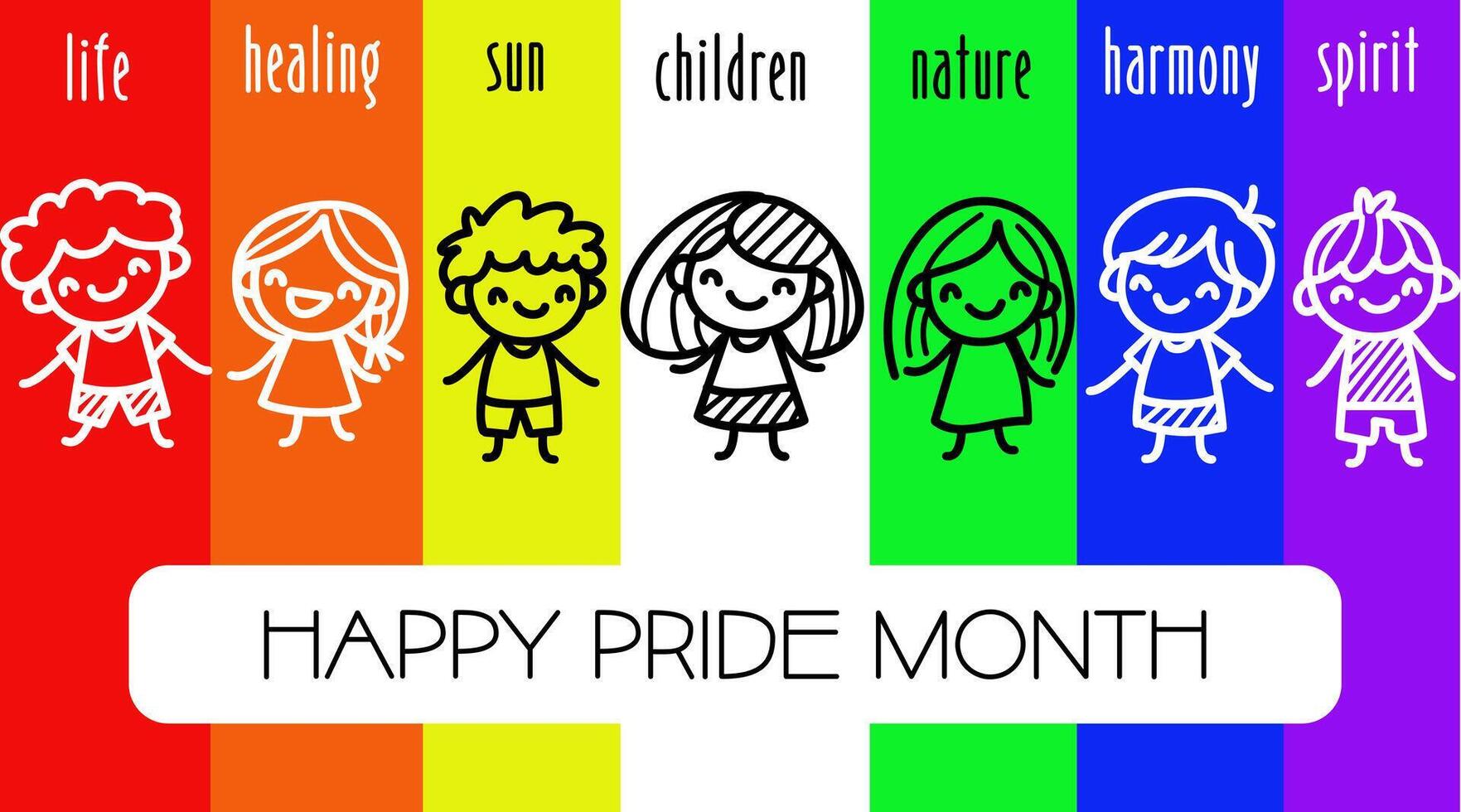 Happy pride month colorful kids banner illustration, pride flag with hand drawn cartoon, focus on diversity and inclusion. vector