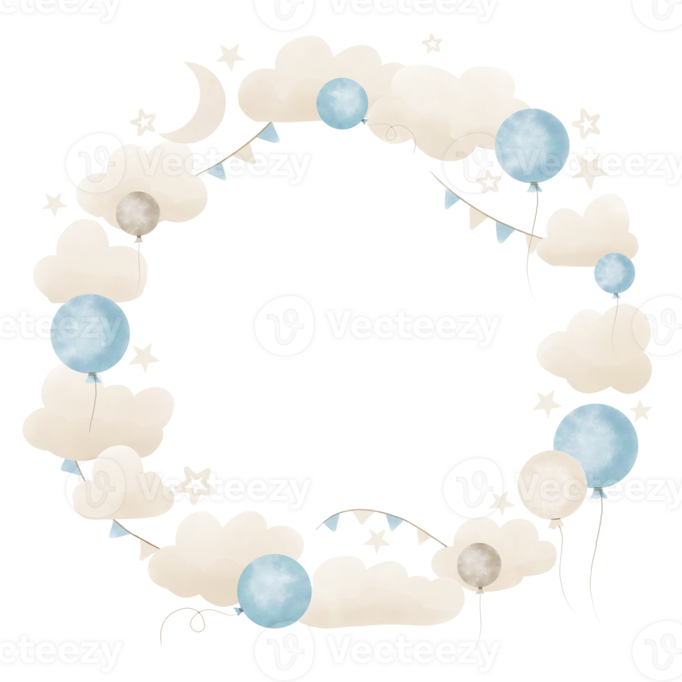 Baby round Frame with Clouds and Balloons in pastel blue and bei png
