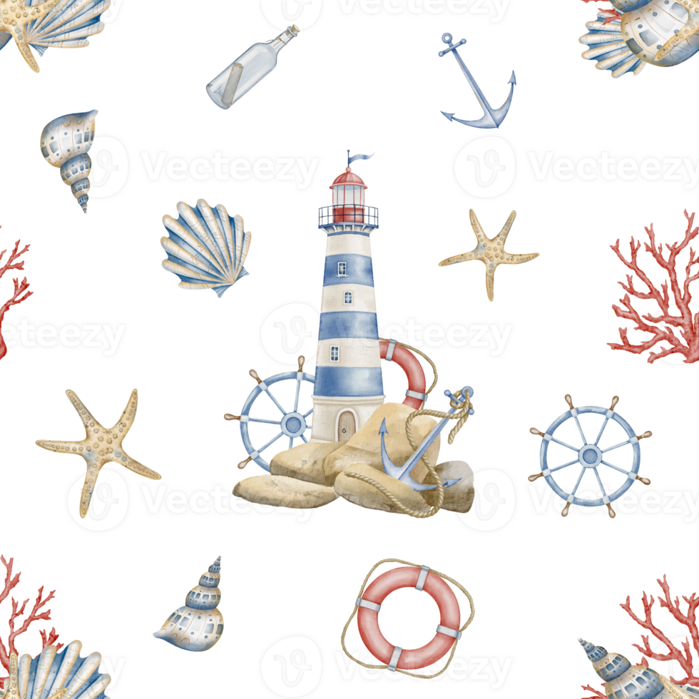 Watercolor Pattern with Lighthouse, seashells and nautical elements. Seamless Background with Beacon in pastel blue, red and beige colors foe wrapping paper or textile design. Sea backdrop for baby png