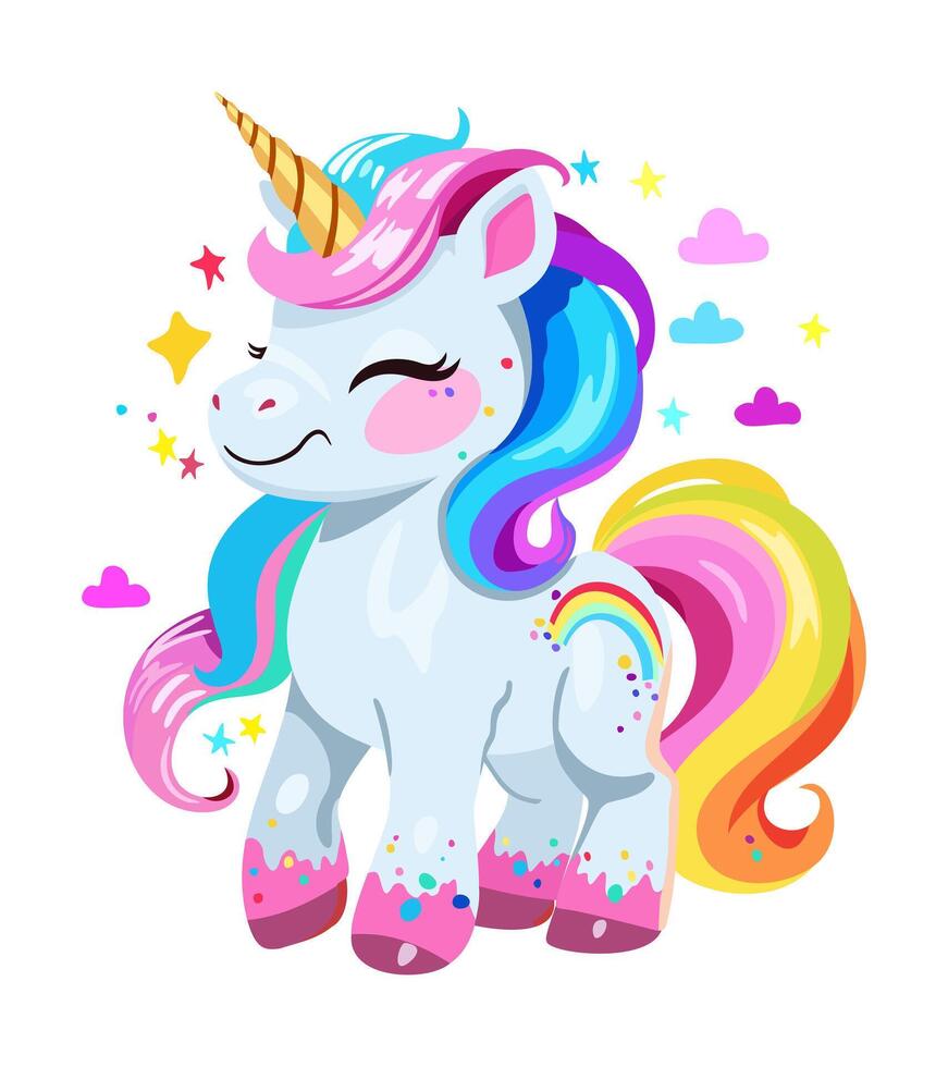 Cute smiling unicorn with bright hair and tail. isolated illustration vector