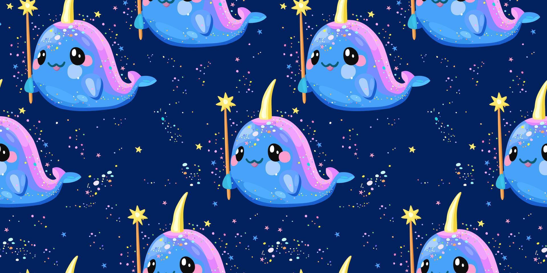 seamless pattern with cute narwhals with magic wand on dark blue background vector