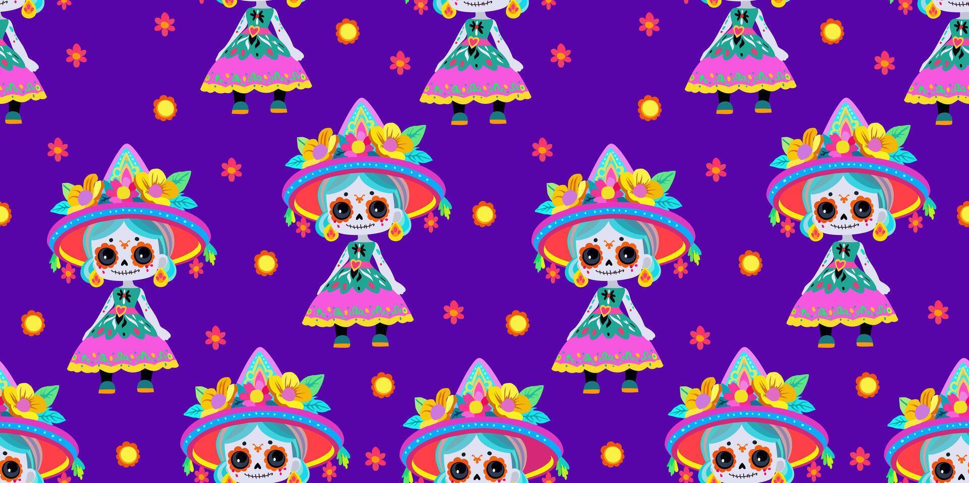 Bright seamless pattern with Catrina's on vivid liolet background. Day of the Dead concept vector
