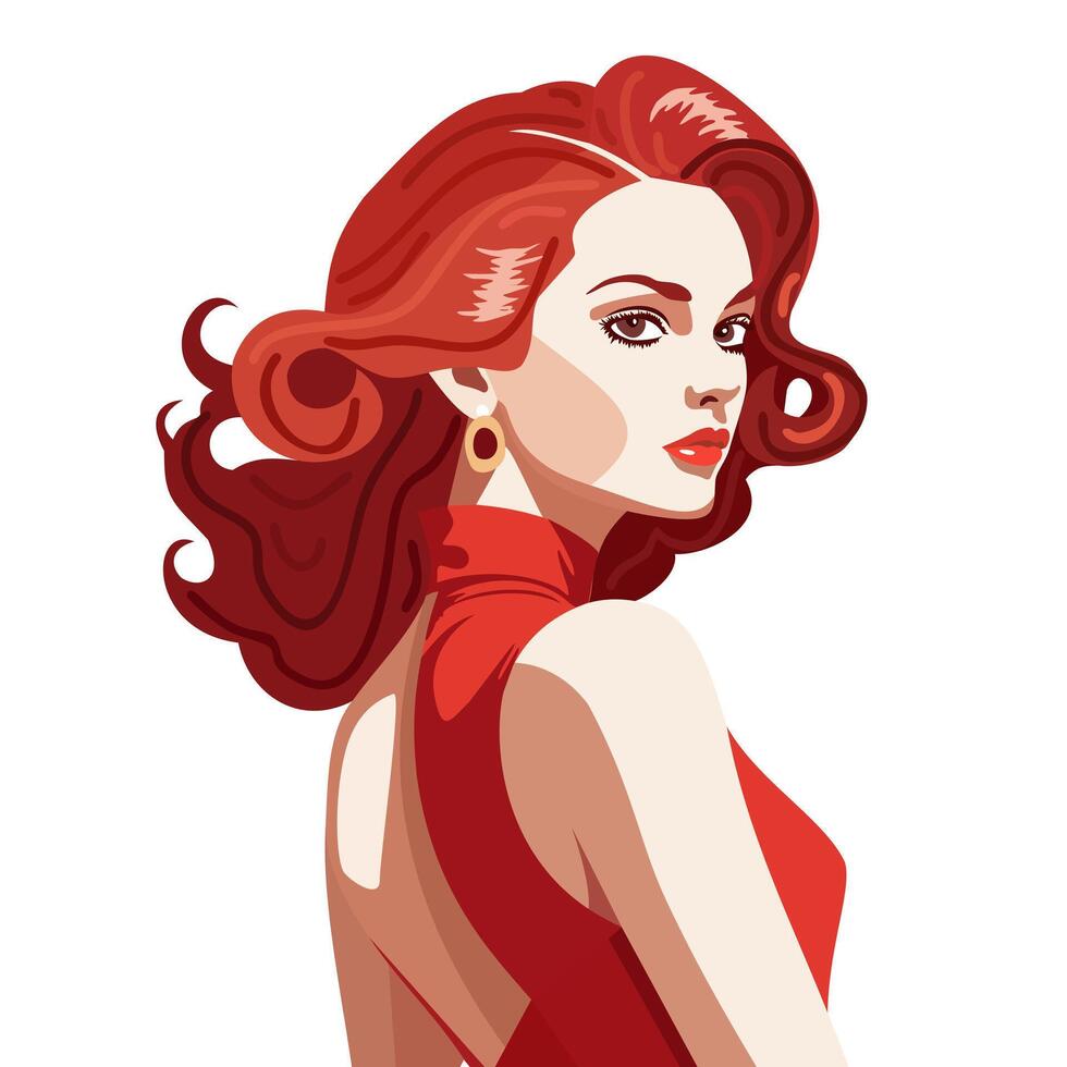 Redhead woman in red gress. Vintage illustration isolated on white background. vector