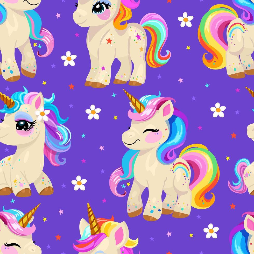 seamless pattern with cute little unicorns with bright hair and tail. on bright lilac background vector