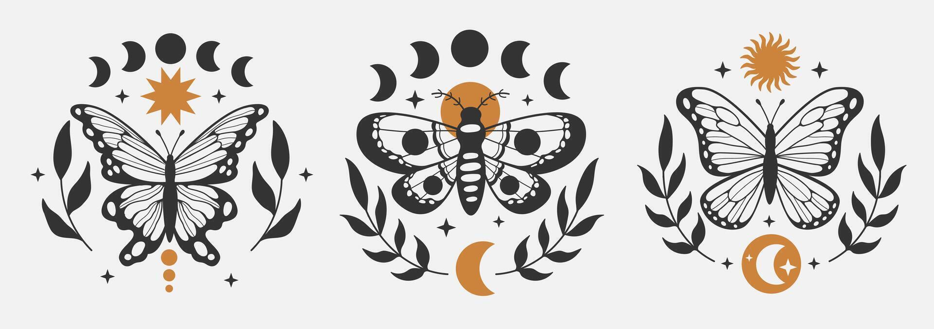 Set of mystical outline butterfly moth with moon. Graphic mystical and magical black print. Decor element vector