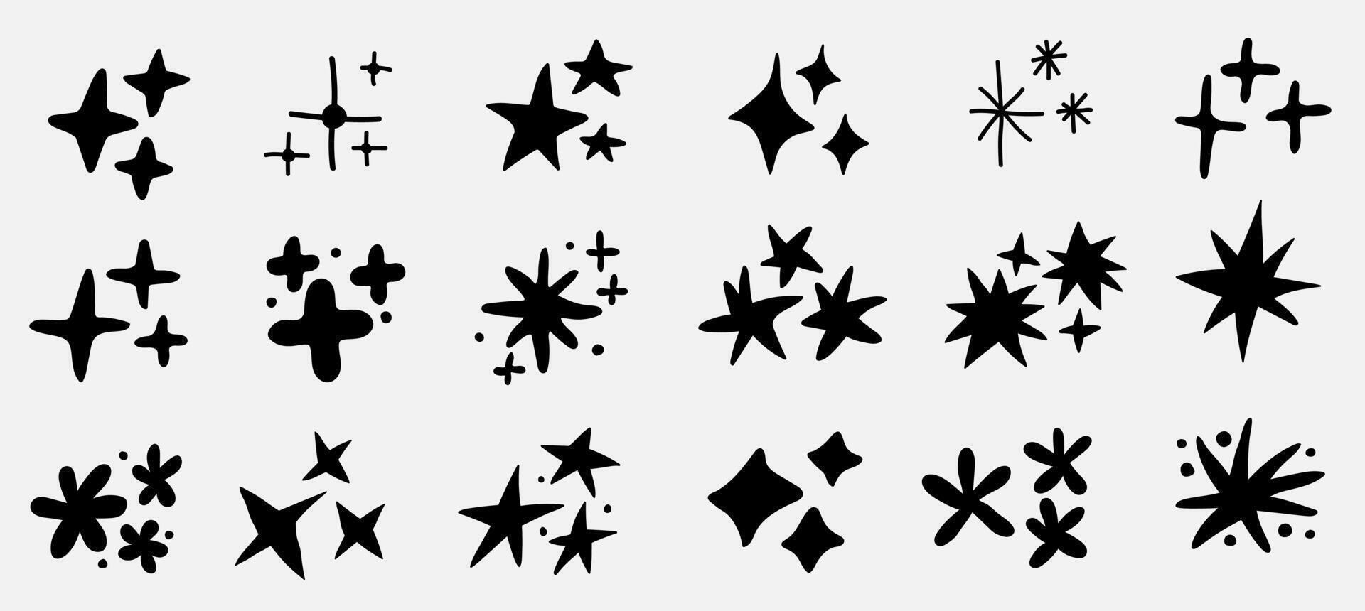 set of doodle stars shape and sparkles. Hand drawn elements isolated on white background. vector
