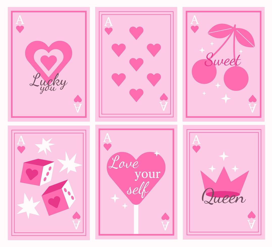 Set of abstract girlie poster with shot phrase in y2k style. Flier with playing cards and dice, cherry. Trendy covers in pastel colors. vector