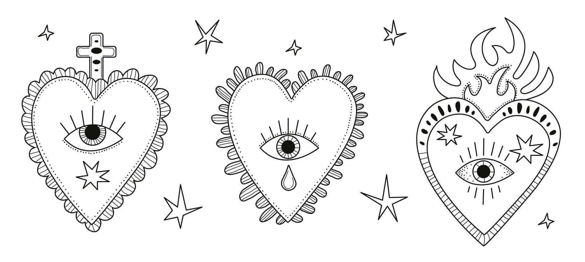 Mexican sacred hearts. Heart shape with eye and pattern. Doodle outline elements. vector