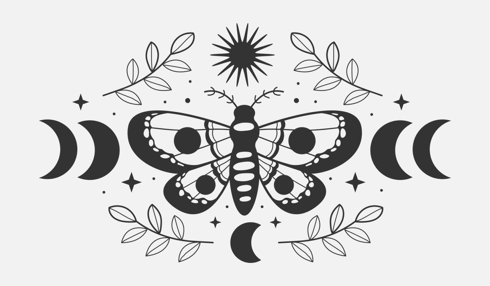 Outline mystical black moth with plant and stars moon. Boho print. Magic and esoteric print tattoo. vector