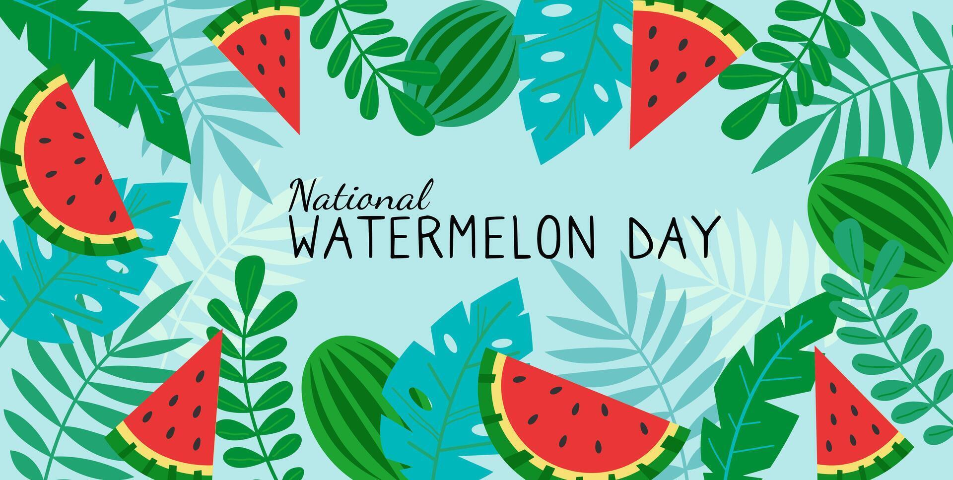 Watermelon day horizontal poster. Border frame tropical leaf and fruit. Design template for celebration. vector