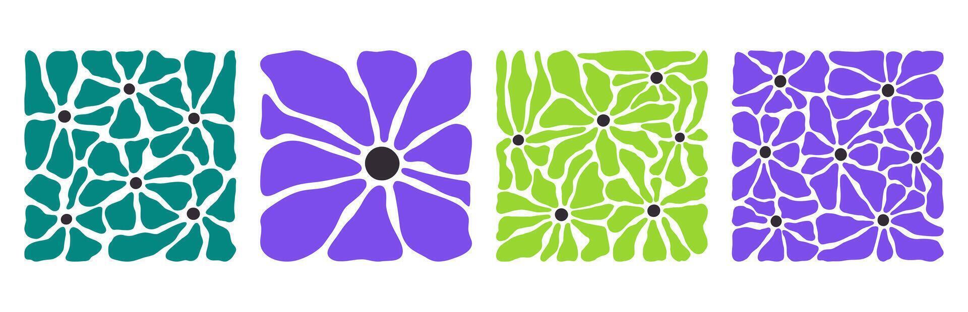 Modern flowers posters. Abstract floral design, contemporary square shaped blooming flowers design flat illustration set. Trendy botanical elements vector