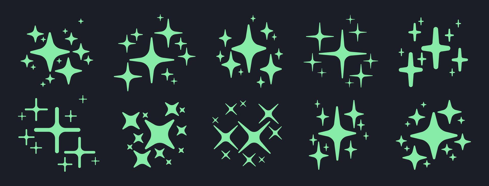 Shiny glitter stars. Sparkle flashlights silhouettes, shiny twinkling sparkles and stars flat illustration set. Flickering sparkles collection vector