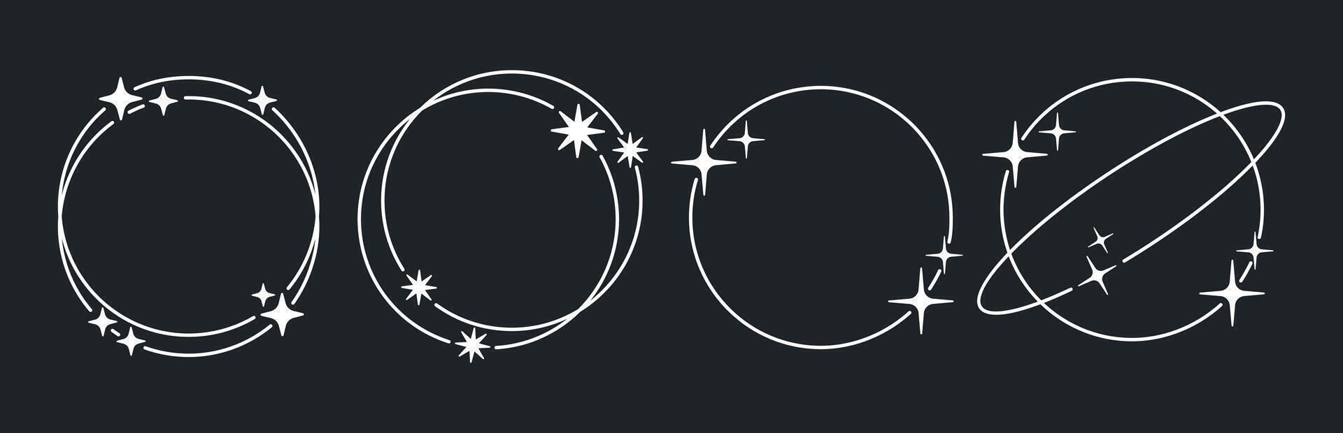 Minimalist Y2k figures. Abstract y2k aesthetic round shapes, circle shapes with stars and sparkles, geometric design frames flat illustration set. Trendy modern Y2k frames vector