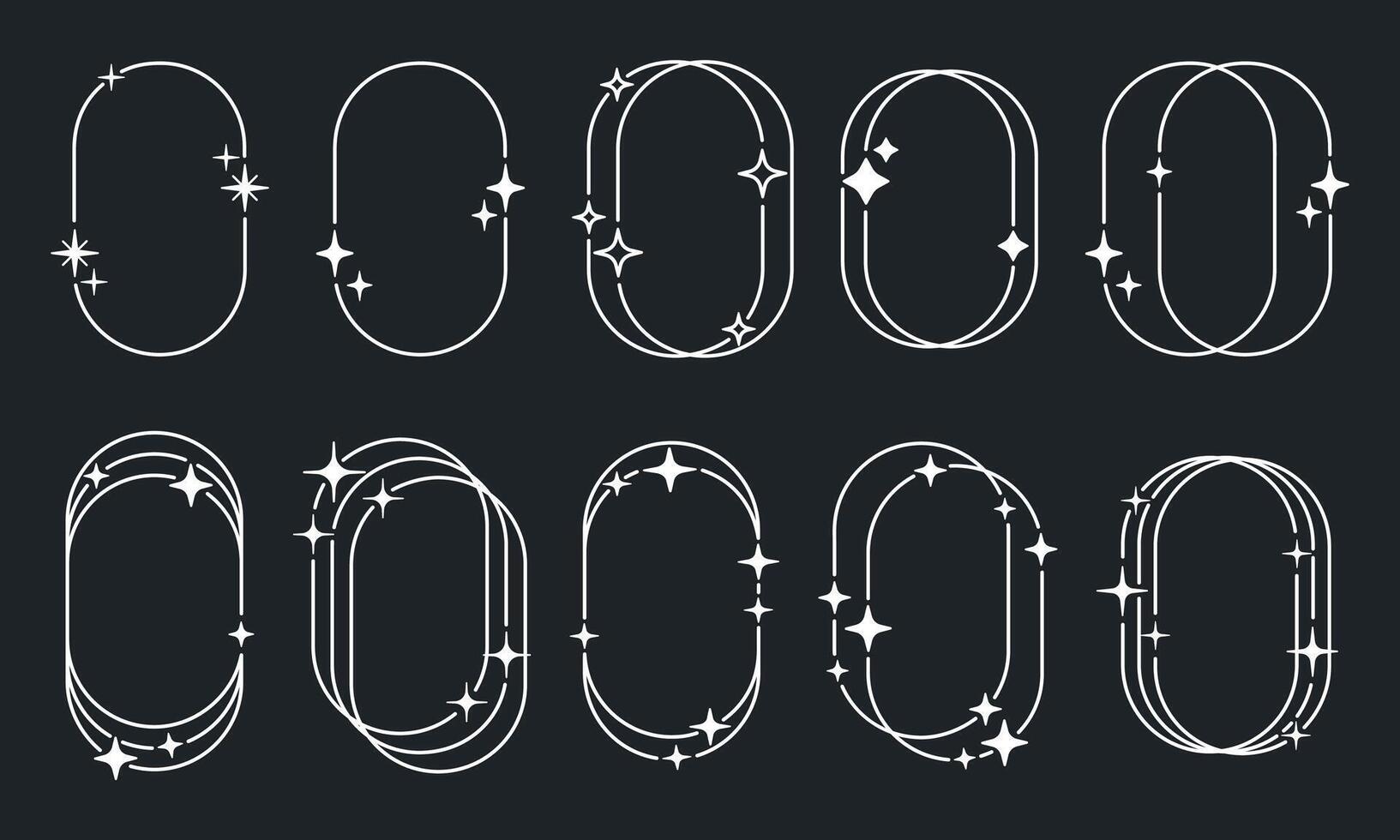 Minimalist Y2k oval shapes. Abstract y2k frames with stars and sparkles, modern y2k aesthetic frames flat illustration set. Modern outline frames vector