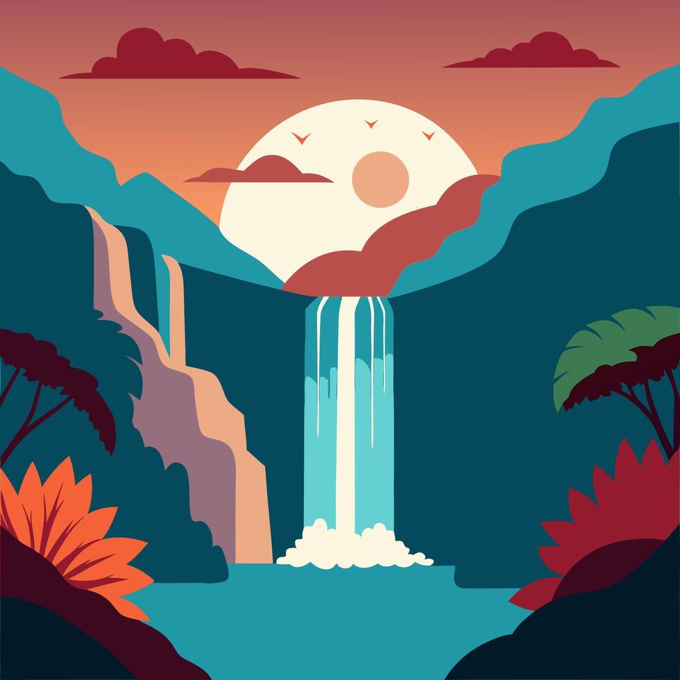 a colorful illustration of a waterfall in the jungle vector