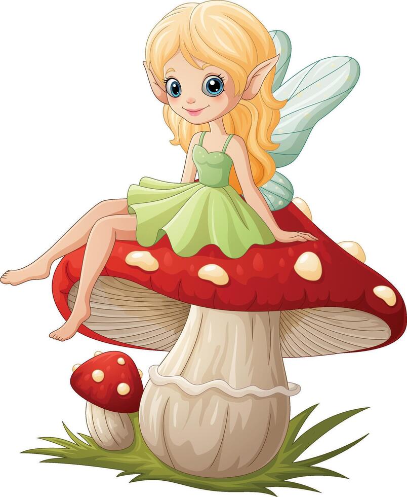 Cartoon fairy sitting on a mushroom vector