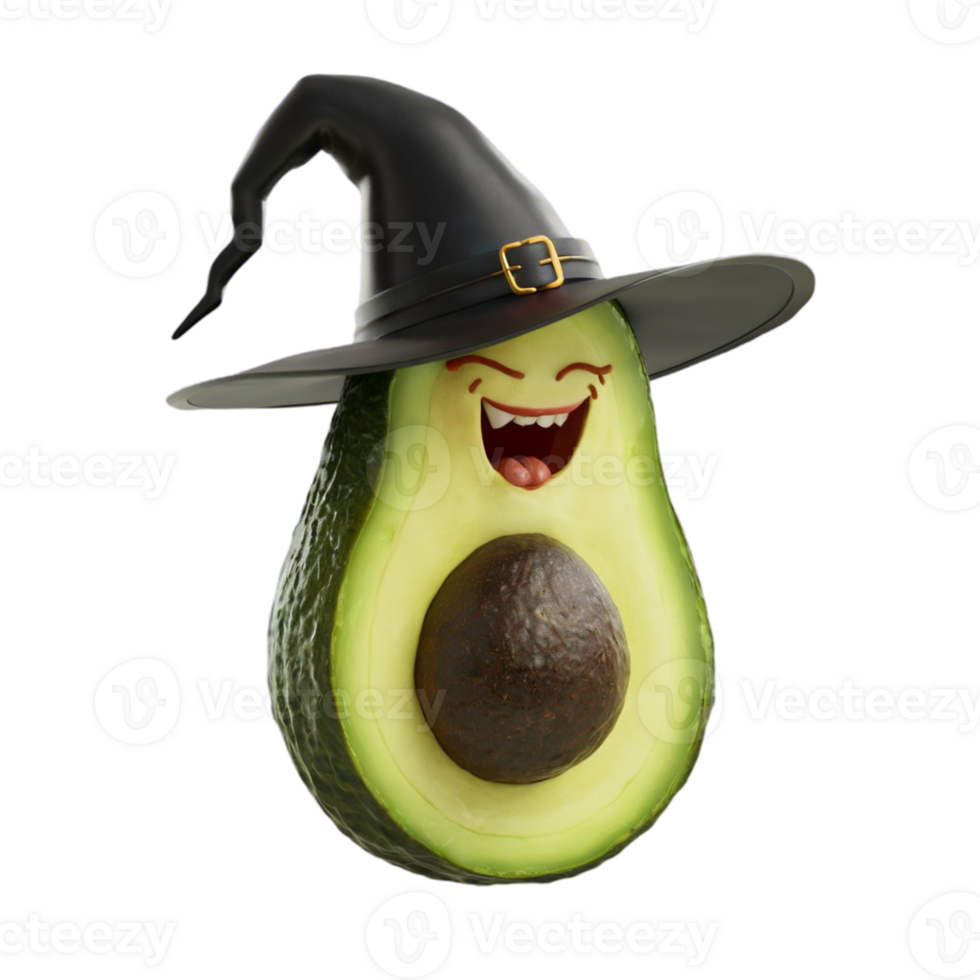 A whimsical depiction of a halved avocado wears a witch's hat and has a playful face drawn with the word Avocadabra png