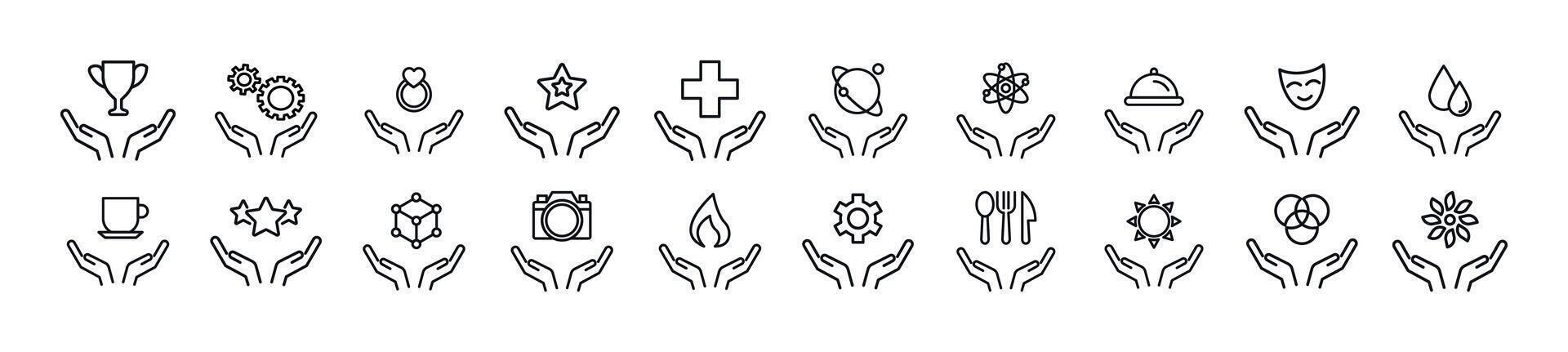 Set of line icons of items over hands. Editable stroke. Simple outline sign for web sites, newspapers, articles book vector