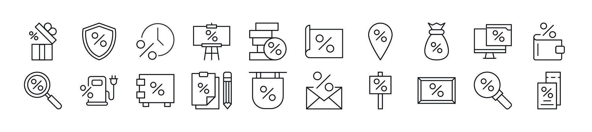 Collection of thin line icons of percent. Editable stroke. Simple linear illustration for web sites, newspapers, articles book vector