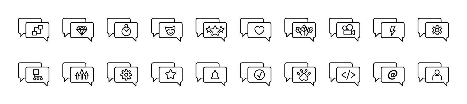 Collection of thin signs of items in speech bubbles. Editable stroke. Simple linear illustration for stores, shops, banners, design vector