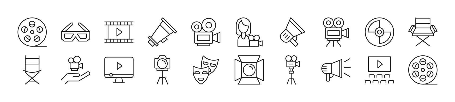 Set of thin line icons of movie. Editable stroke. Simple linear illustration for web sites, newspapers, articles book vector